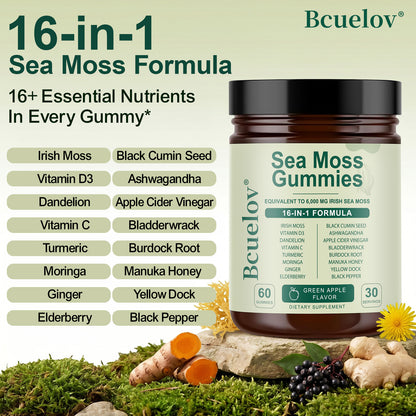 Bculeov® 16-in-1 Sea Moss Gummies 6,000mg – Irish Sea Moss Supplement with Black Seed Oil, Ashwagandha & ACV for Immune & Thyroid Support (Green Apple)