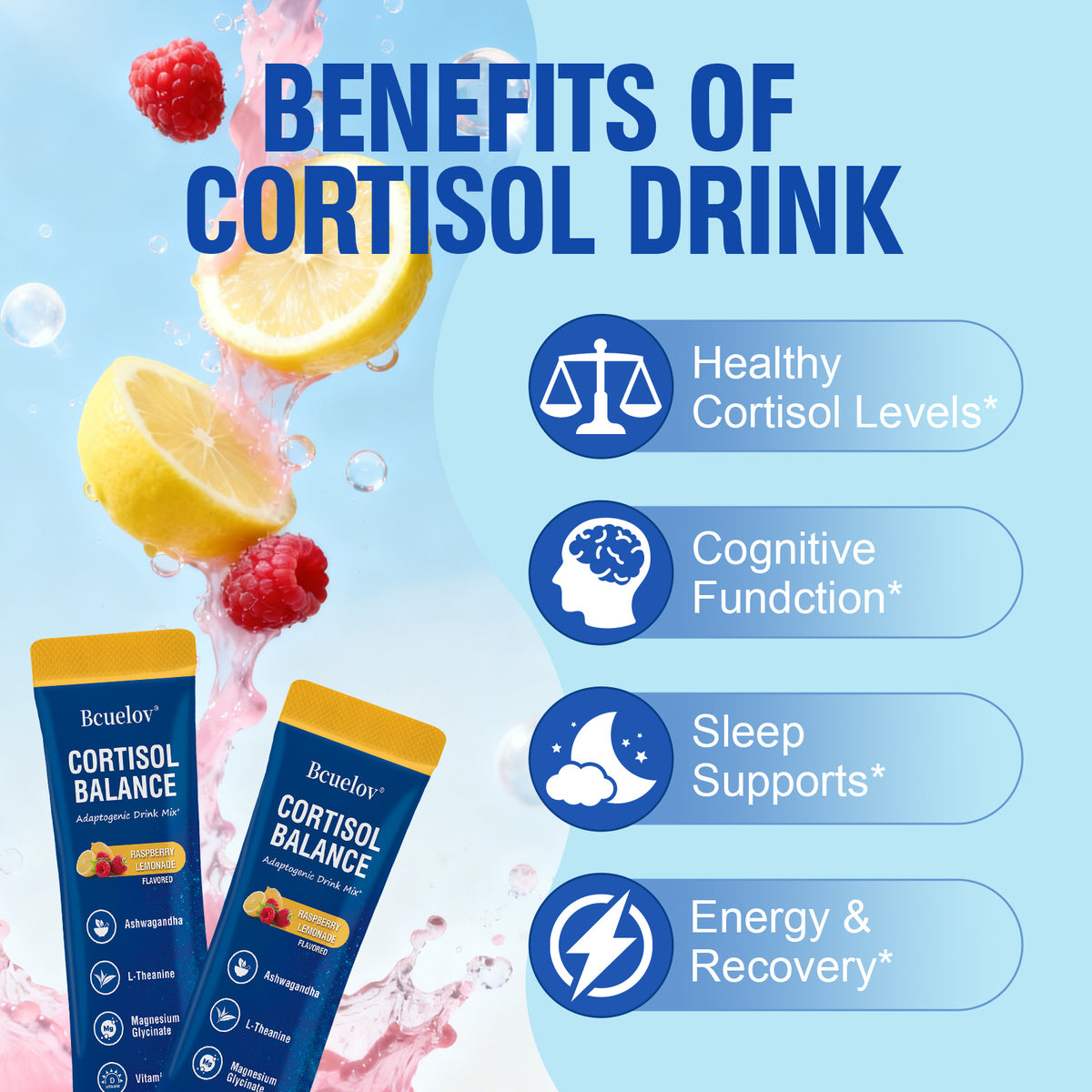 Bcuelov® On-the-Go Cortisol Drink – Raspberry Lemonade, 30 Ct, Sleep & Calm