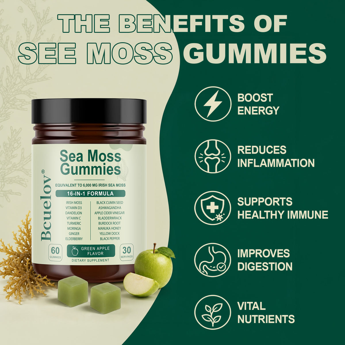 Bculeov® 16-in-1 Sea Moss Gummies 6,000mg – Irish Sea Moss Supplement with Black Seed Oil, Ashwagandha & ACV for Immune & Thyroid Support (Green Apple)