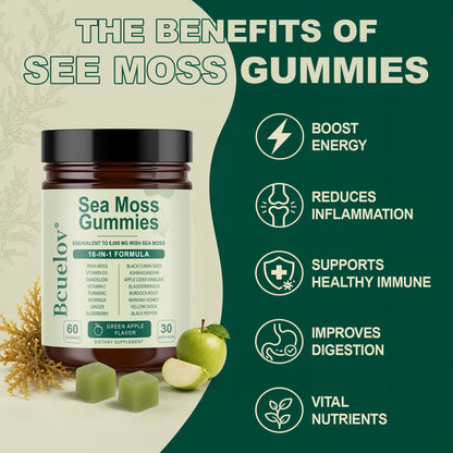 Bculeov® 16-in-1 Sea Moss Gummies 6,000mg – Irish Sea Moss Supplement with Black Seed Oil, Ashwagandha & ACV for Immune & Thyroid Support (Green Apple)