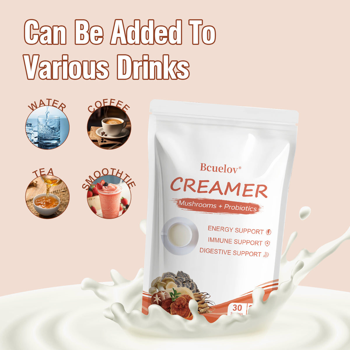 Bcuelov® Superfood Mushroom Creamer Powder – Energy, Focus & Digestion Support