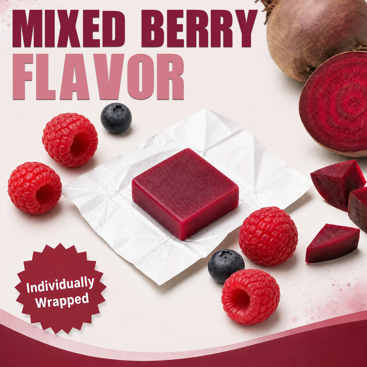 Bcuelov® Beet Root + CoQ10 Soft Chews | Daily Heart & Circulation Support | Mixed Berry Flavor | 90 Count