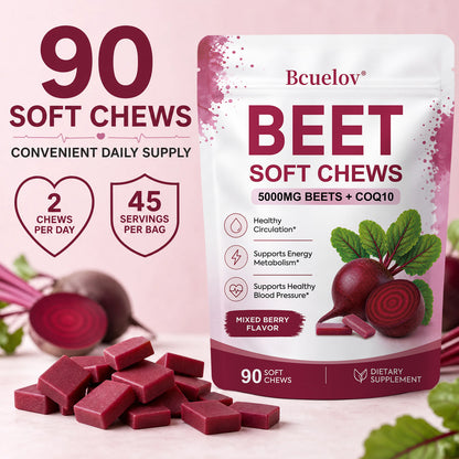Bcuelov® Beet Root + CoQ10 Soft Chews | Daily Heart & Circulation Support | Mixed Berry Flavor | 90 Count