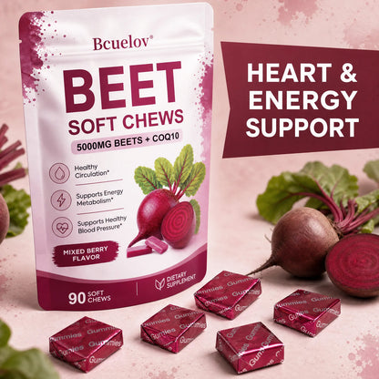 Bcuelov® Beet Root + CoQ10 Soft Chews | Daily Heart & Circulation Support | Mixed Berry Flavor | 90 Count