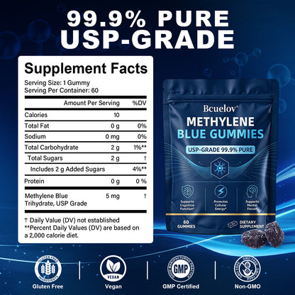 Bcuelov® Methylene Blue Gummies 5 mg, 60 Count, USP Grade 99.9% Pure