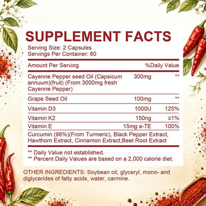 Bcuelov Cayenne Pepper Complex with Vitamins D3, K2 & E – 120 Capsules