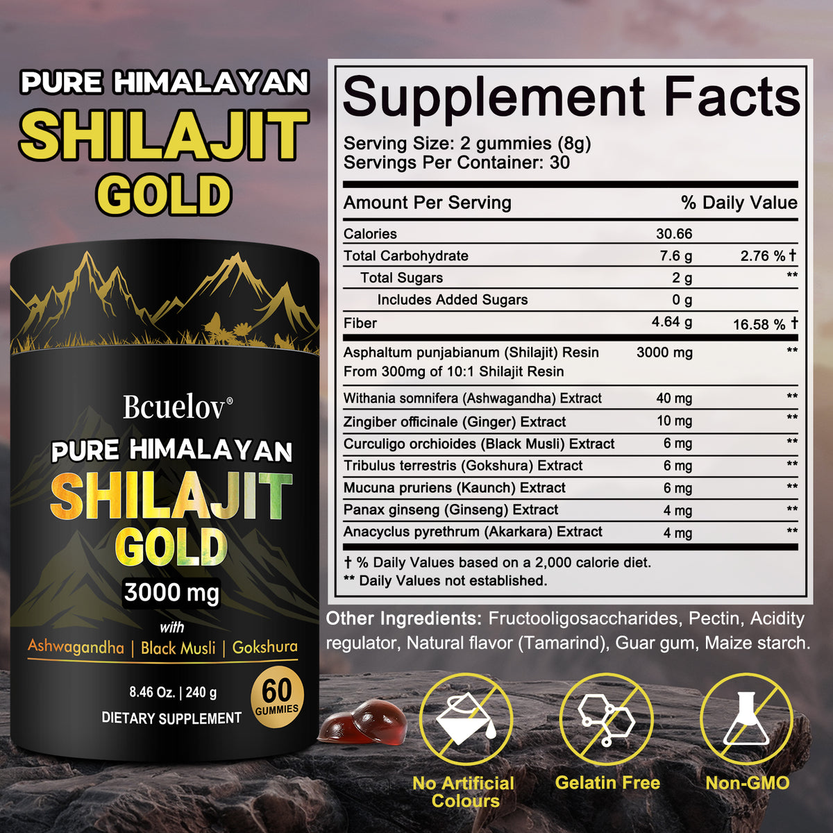 Bcuelov Himalayan Shilajit Gold Gummies with Ashwagandha & Black Musli – 60 Gummies