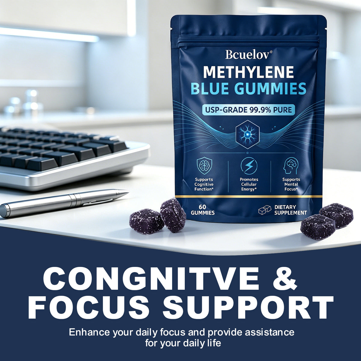 Bcuelov® Methylene Blue Gummies 5 mg, 60 Count, USP Grade 99.9% Pure