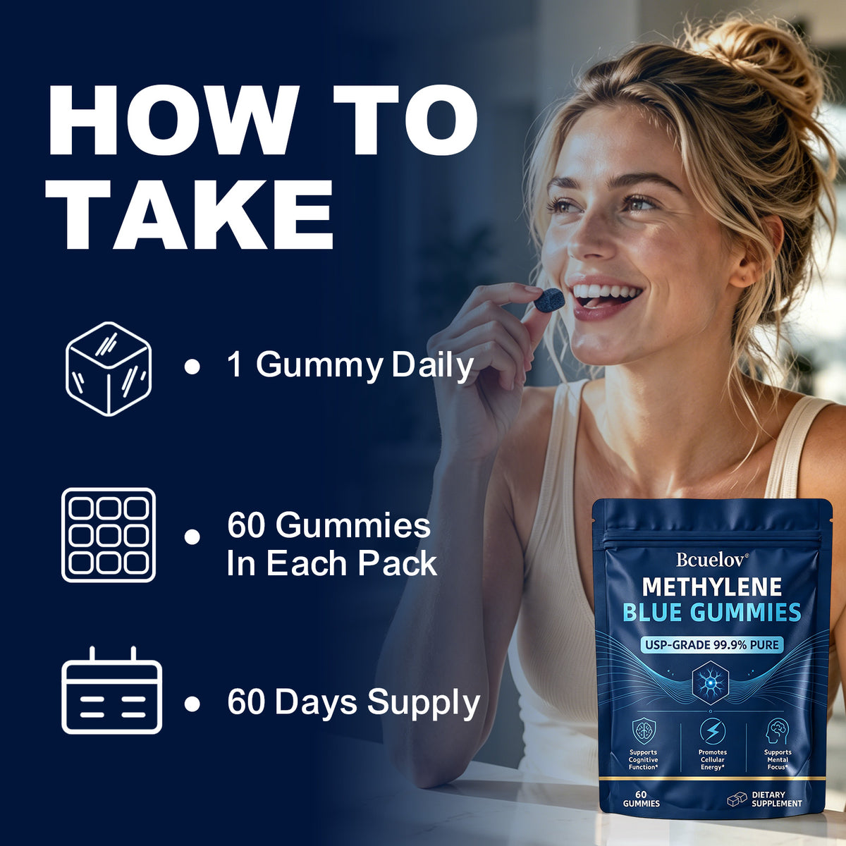 Bcuelov® Methylene Blue Gummies 5 mg, 60 Count, USP Grade 99.9% Pure