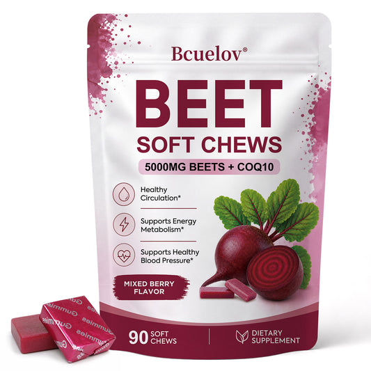 Bcuelov® Beet Root + CoQ10 Soft Chews | Daily Heart & Circulation Support | Mixed Berry Flavor | 90 Count