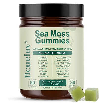 Bculeov® 16-in-1 Sea Moss Gummies 6,000mg – Irish Sea Moss Supplement with Black Seed Oil, Ashwagandha & ACV for Immune & Thyroid Support (Green Apple)